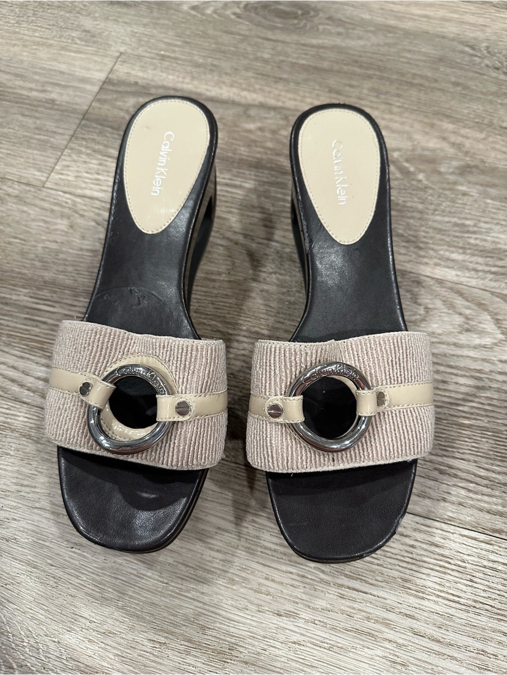 Calvin Klein Chocolate Brown and Cream Cutout Wedge Sandals - Picture 2 of 4